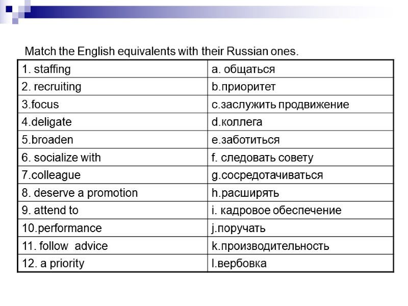 Match the English equivalents with their Russian ones.